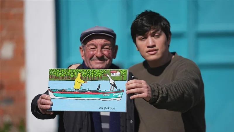 De vriendschap tussen de ooievaar Yaren en de visser „oom Adem“ is terug te zien op het schilderij van de jongeman met autisme